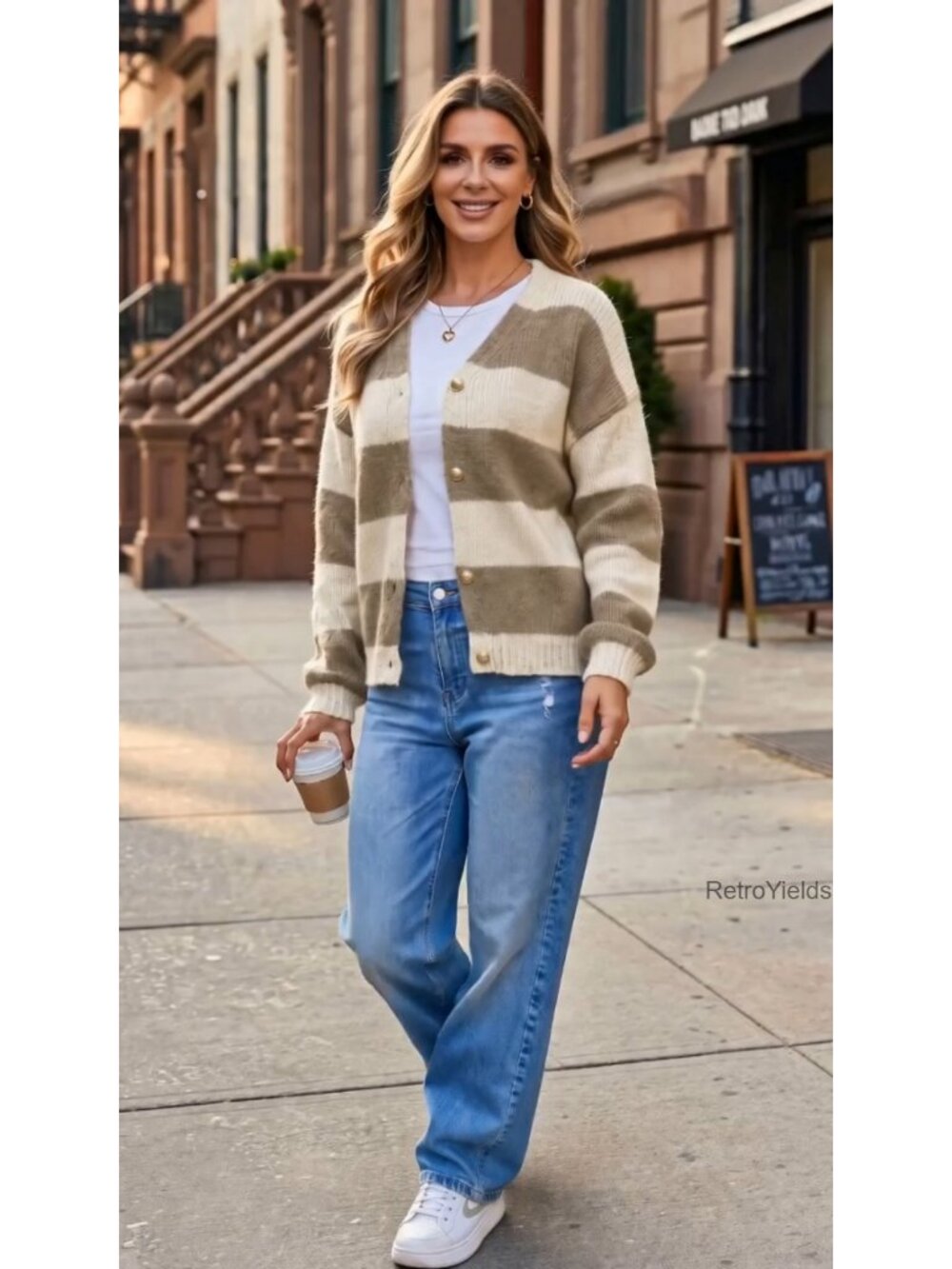 Striped Open Front Cardigan Sweater V-Neck Button Down Knit - Picture 5 of 5
